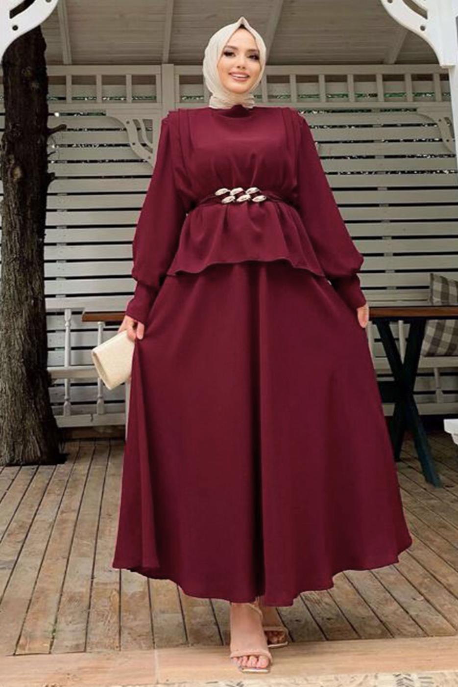 Tesettür giyim BORDO KEMERLİ OMUZLARI VATKALI İKİLİ ETEKLİ TAKIM T 0938