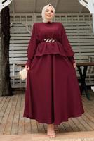 Tesettür giyim BORDO KEMERLİ OMUZLARI VATKALI İKİLİ ETEKLİ TAKIM T 0938