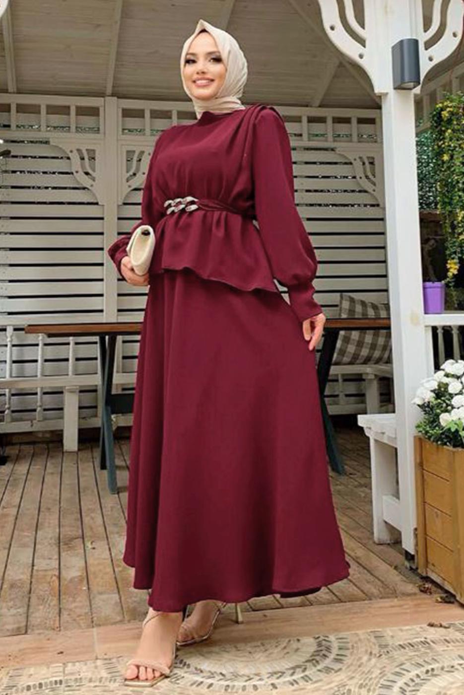 Tesettür giyim BORDO KEMERLİ OMUZLARI VATKALI İKİLİ ETEKLİ TAKIM T 0938