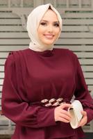 Tesettür giyim BORDO KEMERLİ OMUZLARI VATKALI İKİLİ ETEKLİ TAKIM T 0938