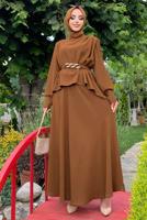 Tesettür giyim TABA KEMERLİ OMUZLARI VATKALI İKİLİ ETEKLİ TAKIM T 0938