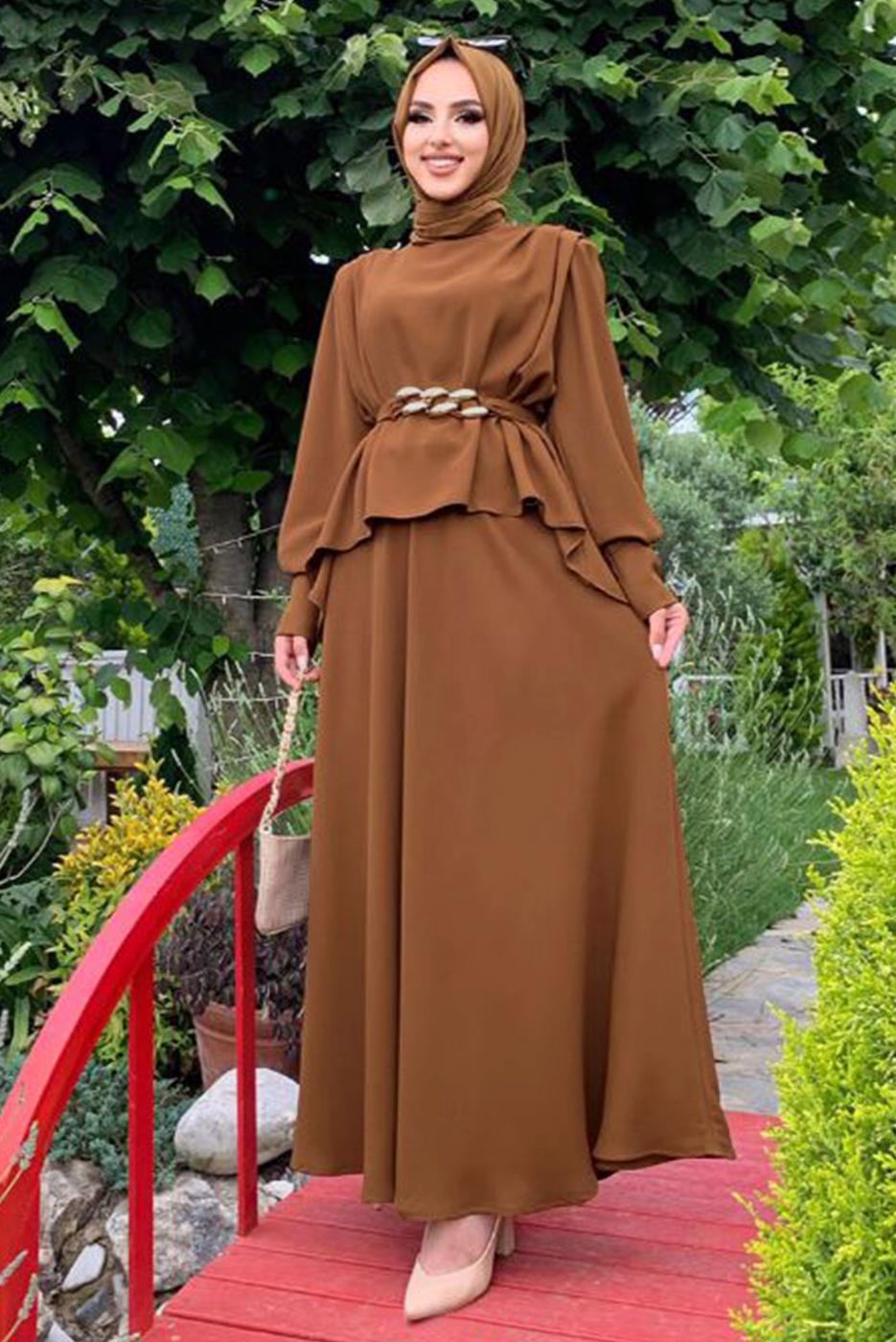 Tesettür giyim TABA KEMERLİ OMUZLARI VATKALI İKİLİ ETEKLİ TAKIM T 0938