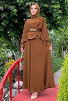 Tesettür giyim TABA KEMERLİ OMUZLARI VATKALI İKİLİ ETEKLİ TAKIM T 0938