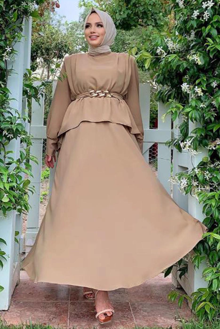 Tesettür giyim VİZON KEMERLİ OMUZLARI VATKALI İKİLİ ETEKLİ TAKIM T 0938