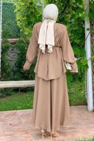 Tesettür giyim VİZON KEMERLİ OMUZLARI VATKALI İKİLİ ETEKLİ TAKIM T 0938