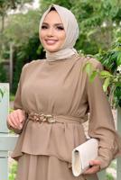 Tesettür giyim VİZON KEMERLİ OMUZLARI VATKALI İKİLİ ETEKLİ TAKIM T 0938