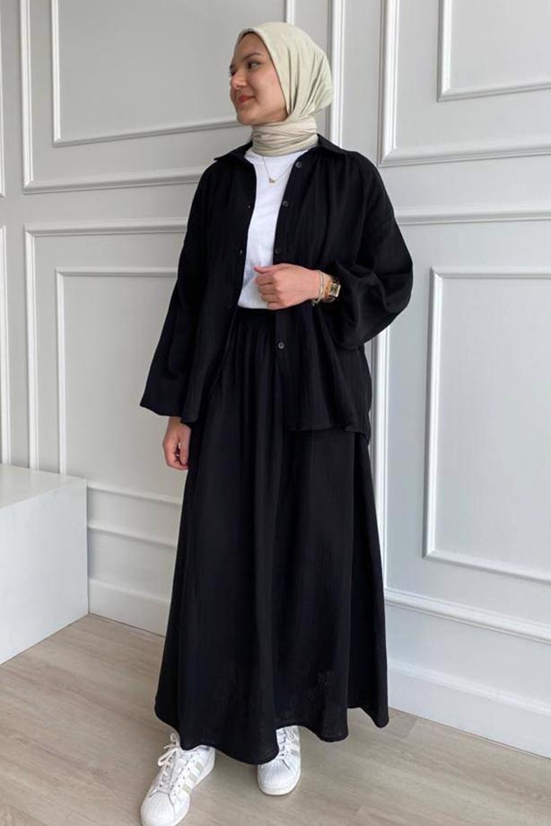 Vêtements hijab  ELASTIC CUFFS SKIRTED MUSLIN SUIT T 20113 - TRENDTESETTÜR