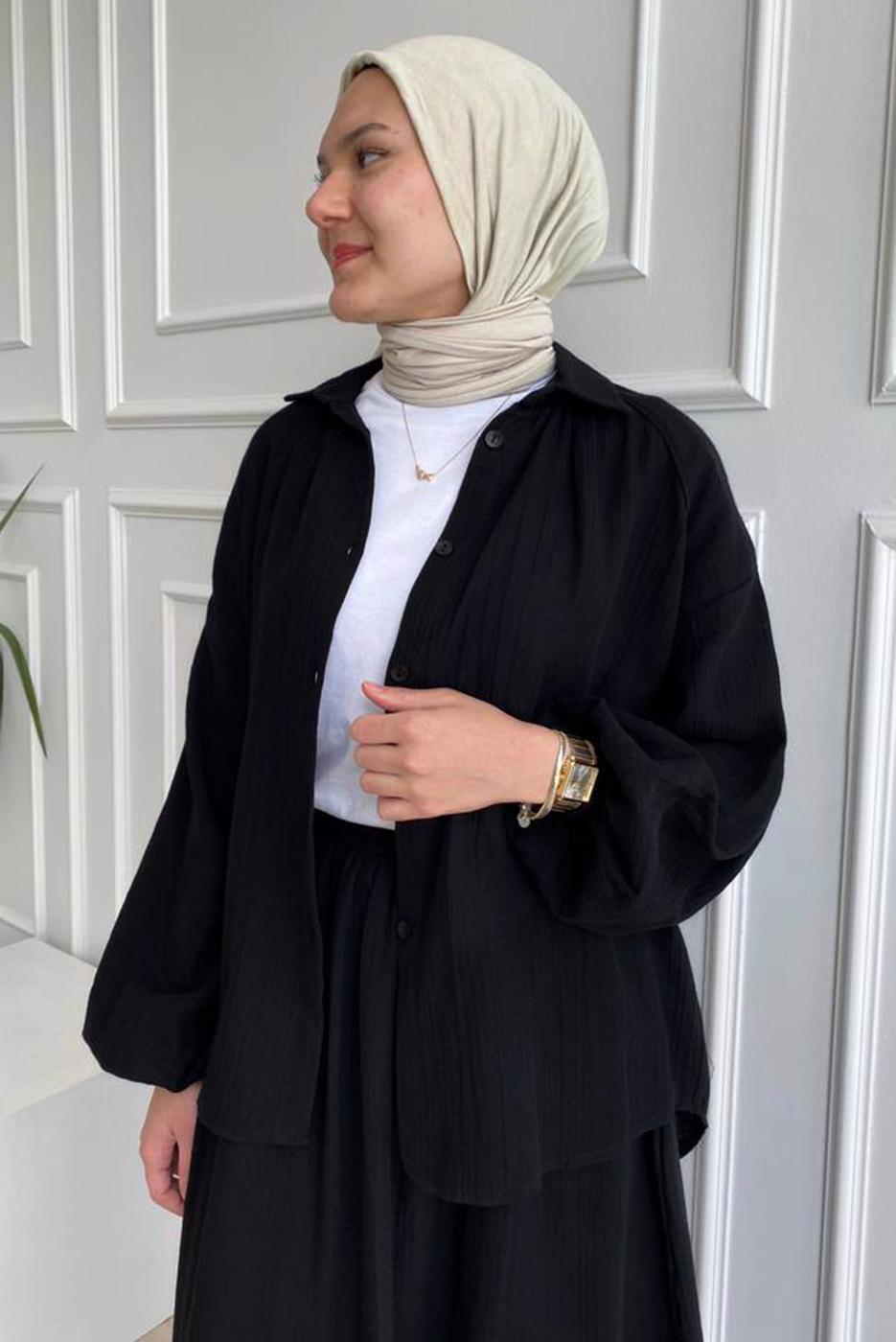 Hijab clothing BLACK ELASTIC CUFFS SKIRTED MUSLIN SUIT T 20113