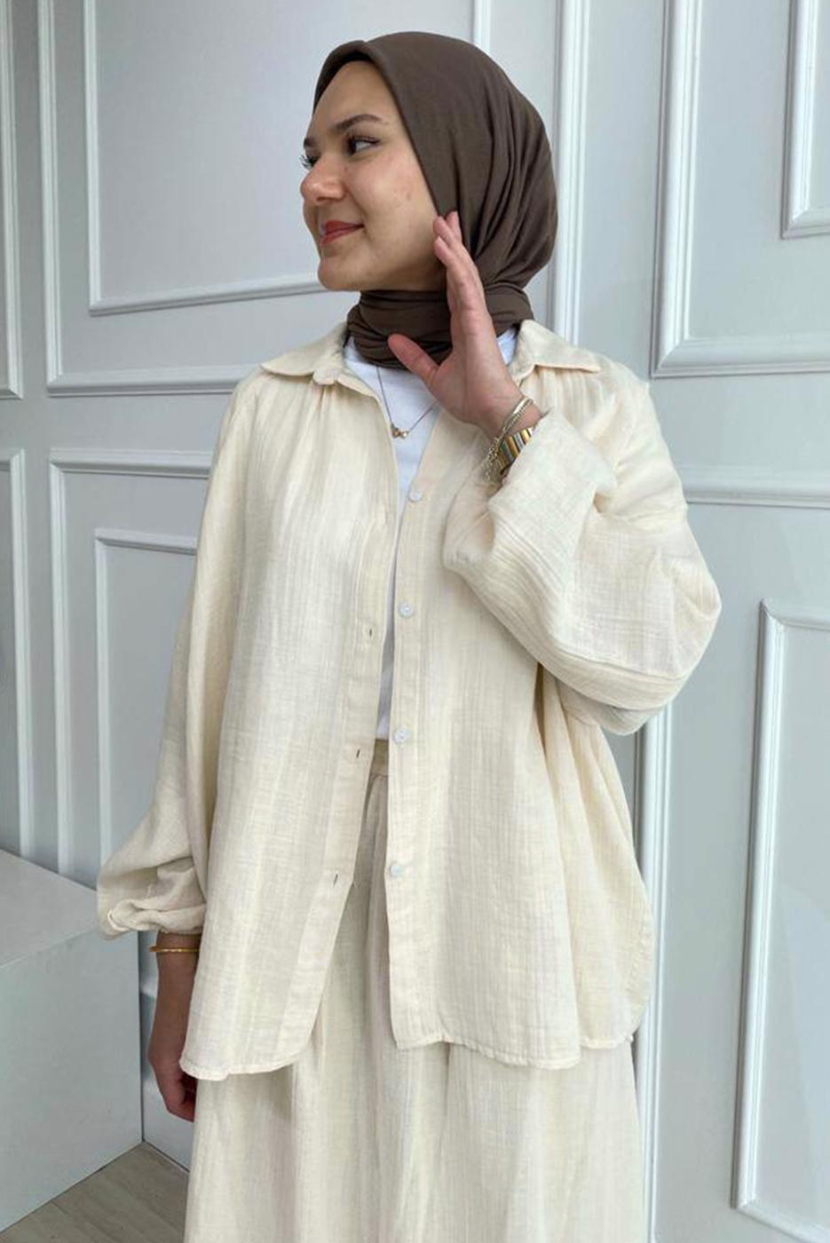 Vêtements hijab BEIGE COMBINAISON EN MOUSSELINE AVEC POIGNETS ÉLASTIQUE T 20113