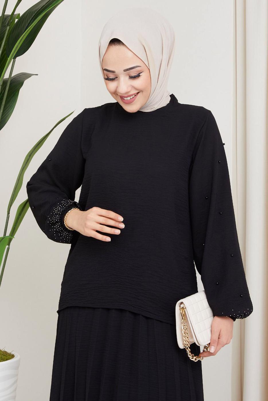 Vêtements hijab NOIR ROBE À MANCHES PERLES T 3013