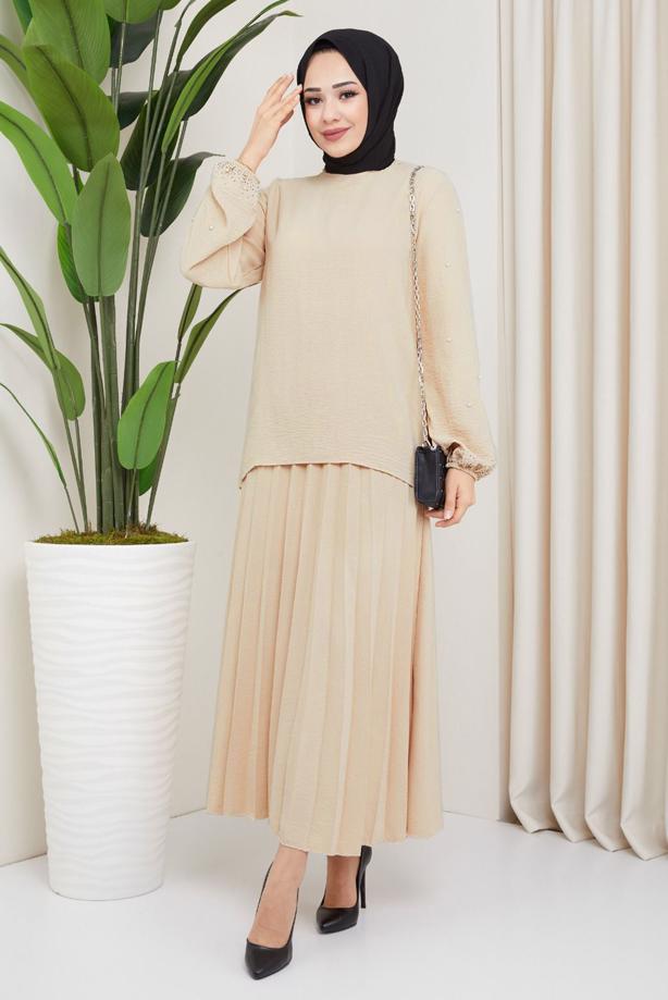 Vêtements hijab  BEADED SLEEVE DRESS T 3013 - TRENDTESETTÜR