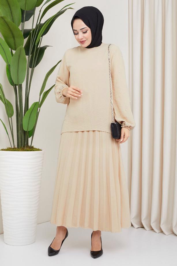 Vêtements hijab  BEADED SLEEVE DRESS T 3013 - TRENDTESETTÜR