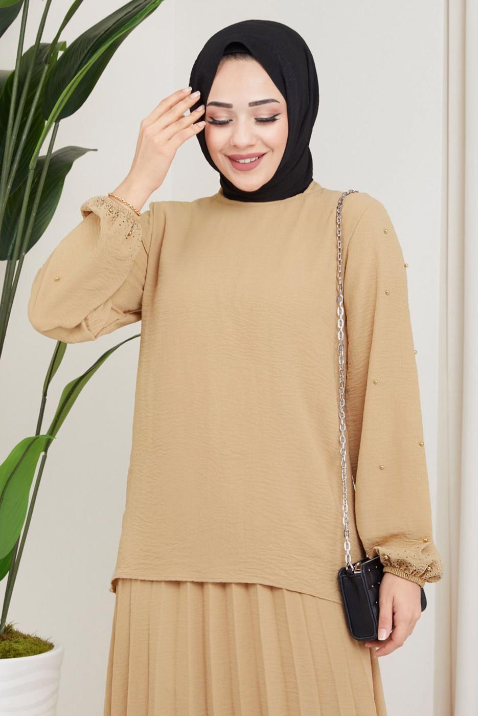 Vêtements hijab BRUN ROBE À MANCHES PERLES T 3013