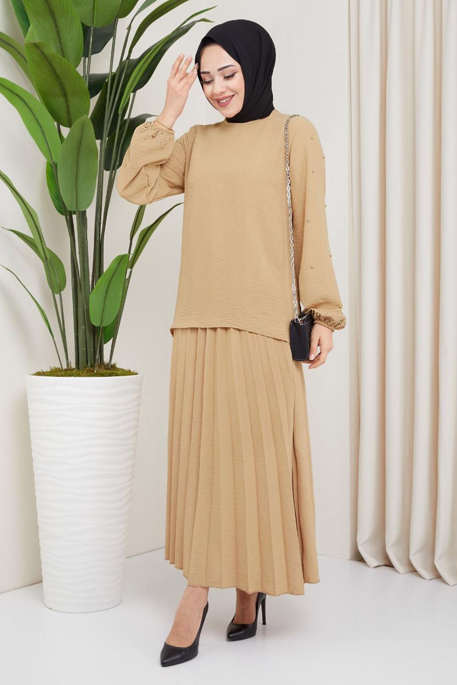 Vêtements hijab BRUN ROBE À MANCHES PERLES T 3013
