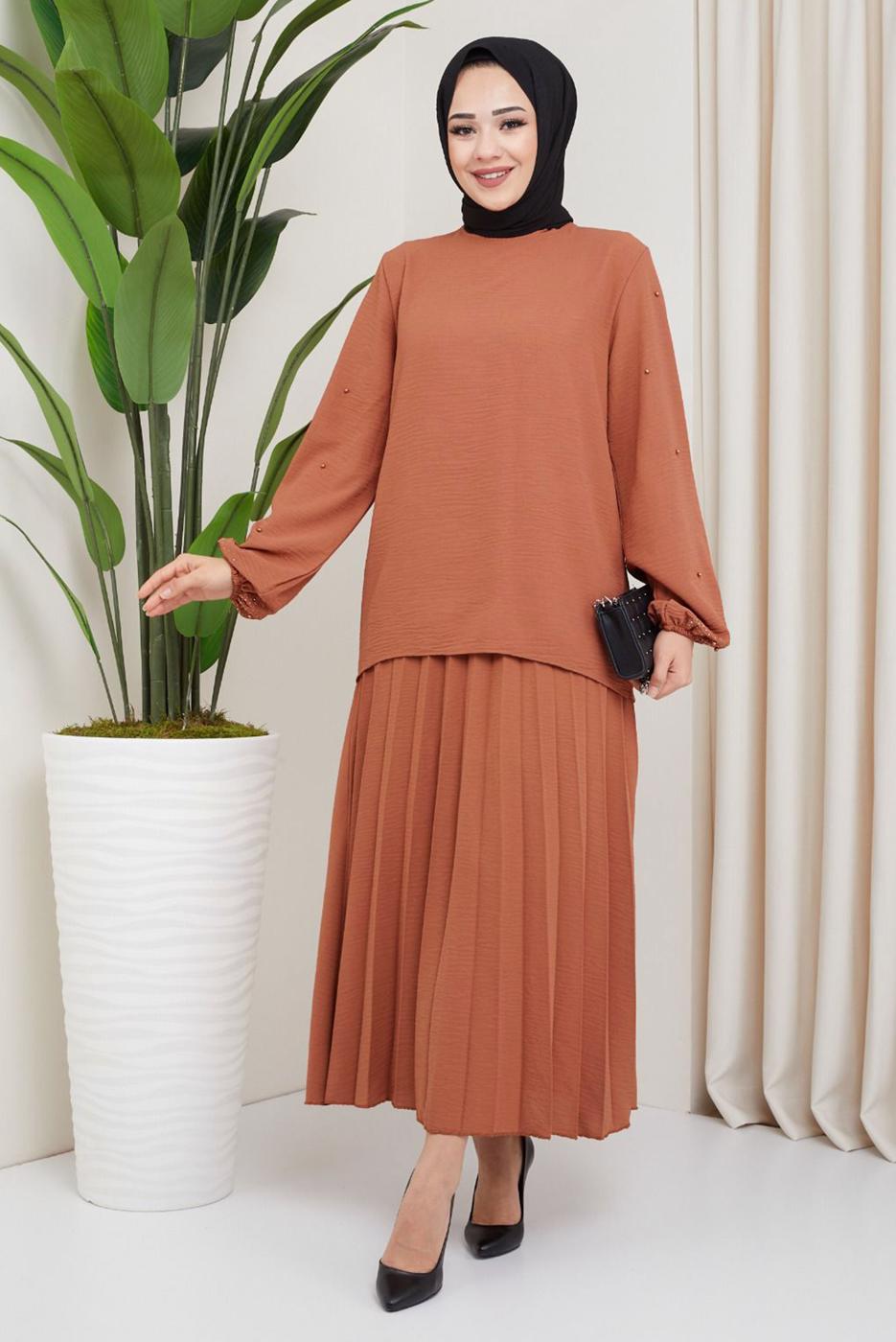 Vêtements hijab BRUN ROBE À MANCHES PERLES T 3013