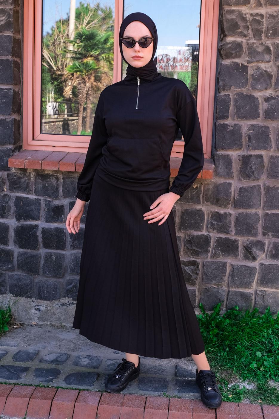 Tesettür giyim SİYAH FERMUAR DETAYLI PİLİSELİ ETEKLİ TAKIM T 4040