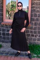 Tesettür giyim SİYAH FERMUAR DETAYLI PİLİSELİ ETEKLİ TAKIM T 4040