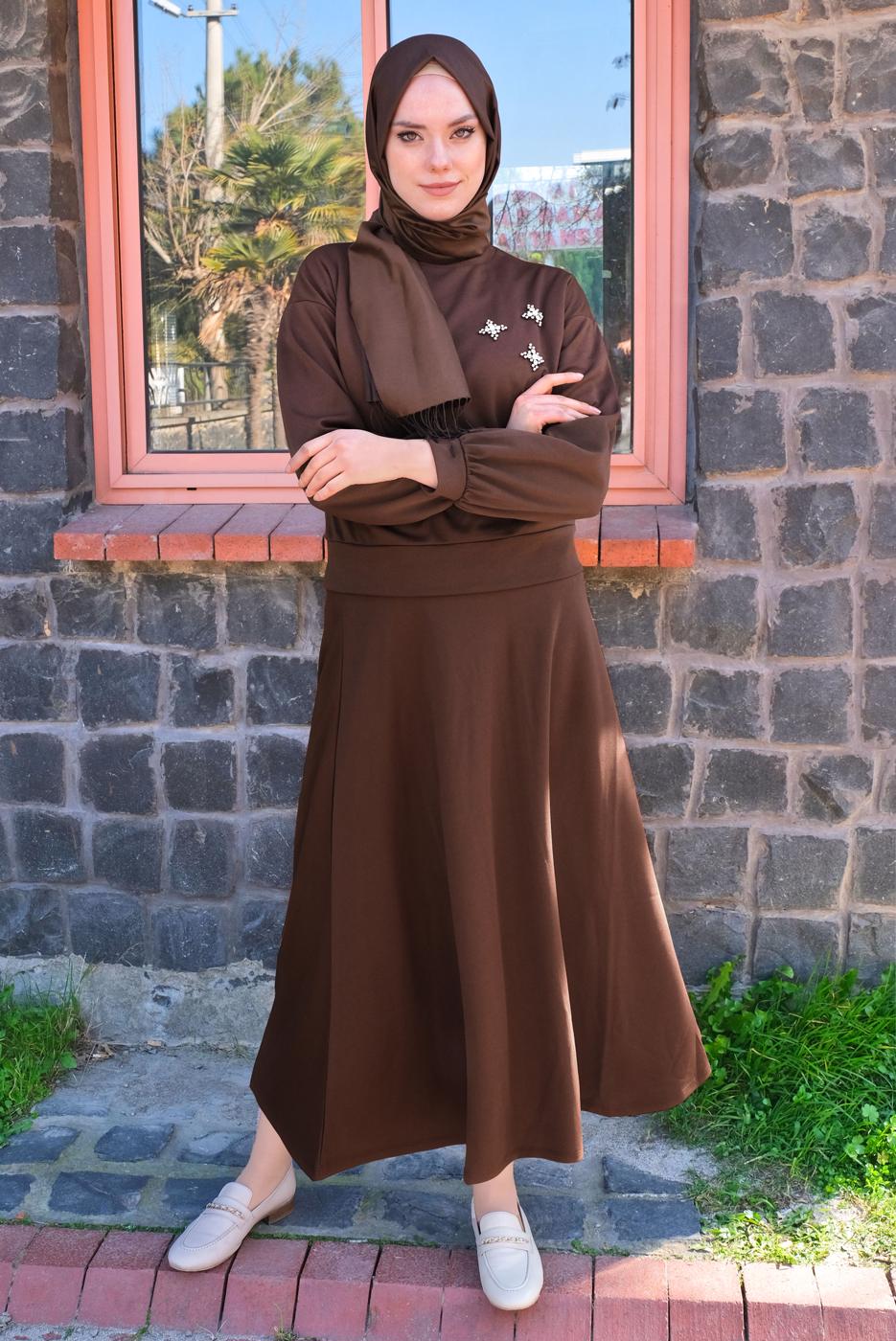 Tesettür giyim KAHVE ZIMBA DETAYLI İKİLİ ETEKLİ TAKIM T 4050
