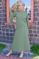 Tesettür giyim YEŞİL ZIMBA DETAYLI İKİLİ ETEKLİ TAKIM T 4050