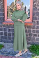 Tesettür giyim YEŞİL ZIMBA DETAYLI İKİLİ ETEKLİ TAKIM T 4050
