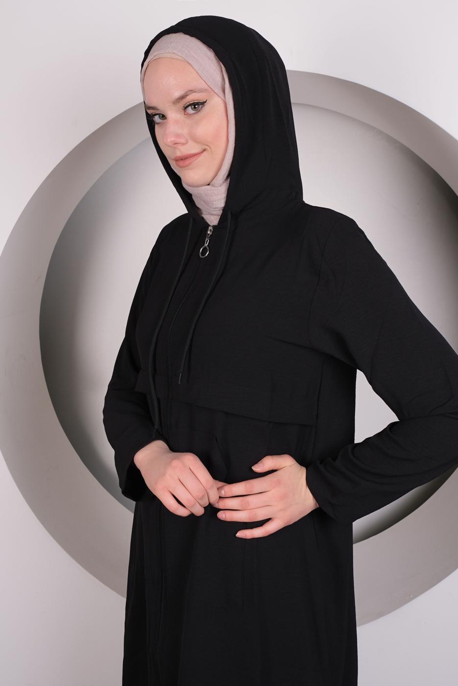 Tesettür giyim SİYAH KAPÜŞONLU CEP DETAYLI UZUN TUNİK T 4060