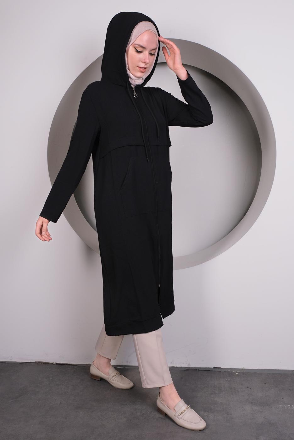Tesettür giyim SİYAH KAPÜŞONLU CEP DETAYLI UZUN TUNİK T 4060