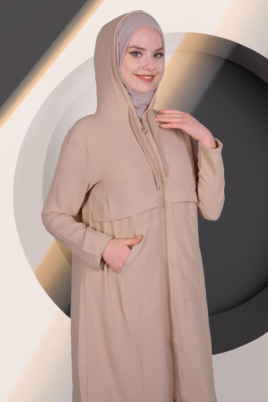 Tesettür giyim BEJ KAPÜŞONLU CEP DETAYLI UZUN TUNİK T 4060