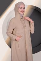 Tesettür giyim BEJ KAPÜŞONLU CEP DETAYLI UZUN TUNİK T 4060
