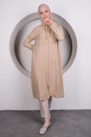 Tesettür giyim BEJ KAPÜŞONLU CEP DETAYLI UZUN TUNİK T 4060