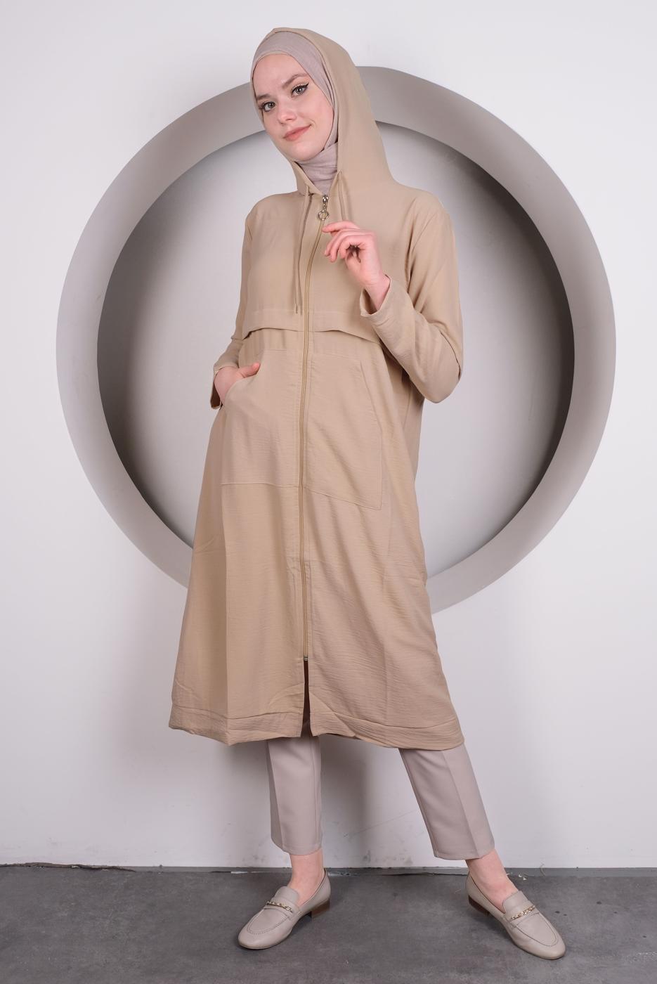 Tesettür giyim BEJ KAPÜŞONLU CEP DETAYLI UZUN TUNİK T 4060