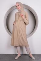 Tesettür giyim BEJ KAPÜŞONLU CEP DETAYLI UZUN TUNİK T 4060