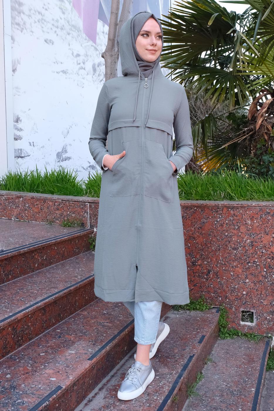 Tesettür giyim GRİ KAPÜŞONLU CEP DETAYLI UZUN TUNİK T 4060