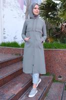 Tesettür giyim GRİ KAPÜŞONLU CEP DETAYLI UZUN TUNİK T 4060