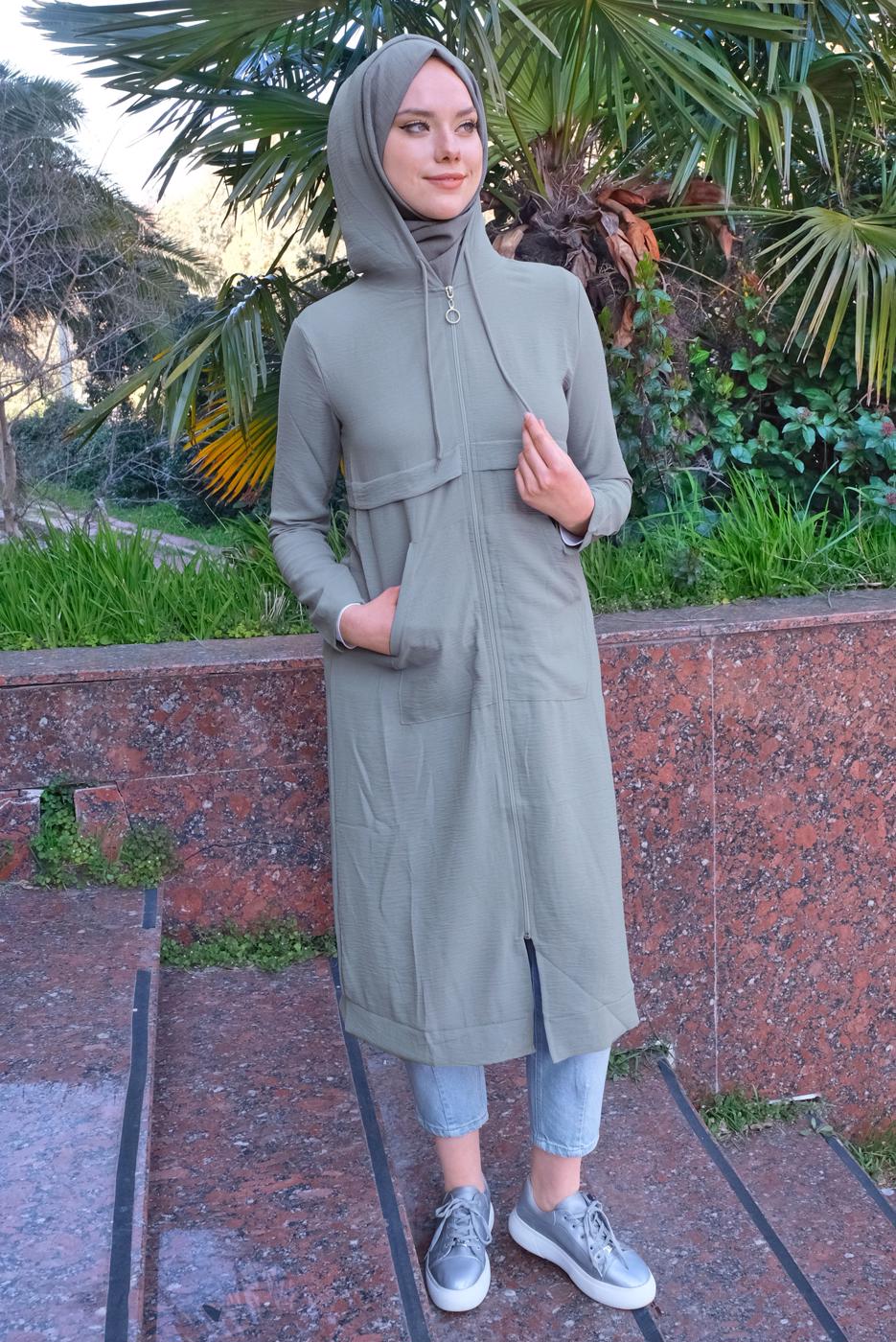 Tesettür giyim GRİ KAPÜŞONLU CEP DETAYLI UZUN TUNİK T 4060