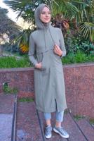 Tesettür giyim GRİ KAPÜŞONLU CEP DETAYLI UZUN TUNİK T 4060