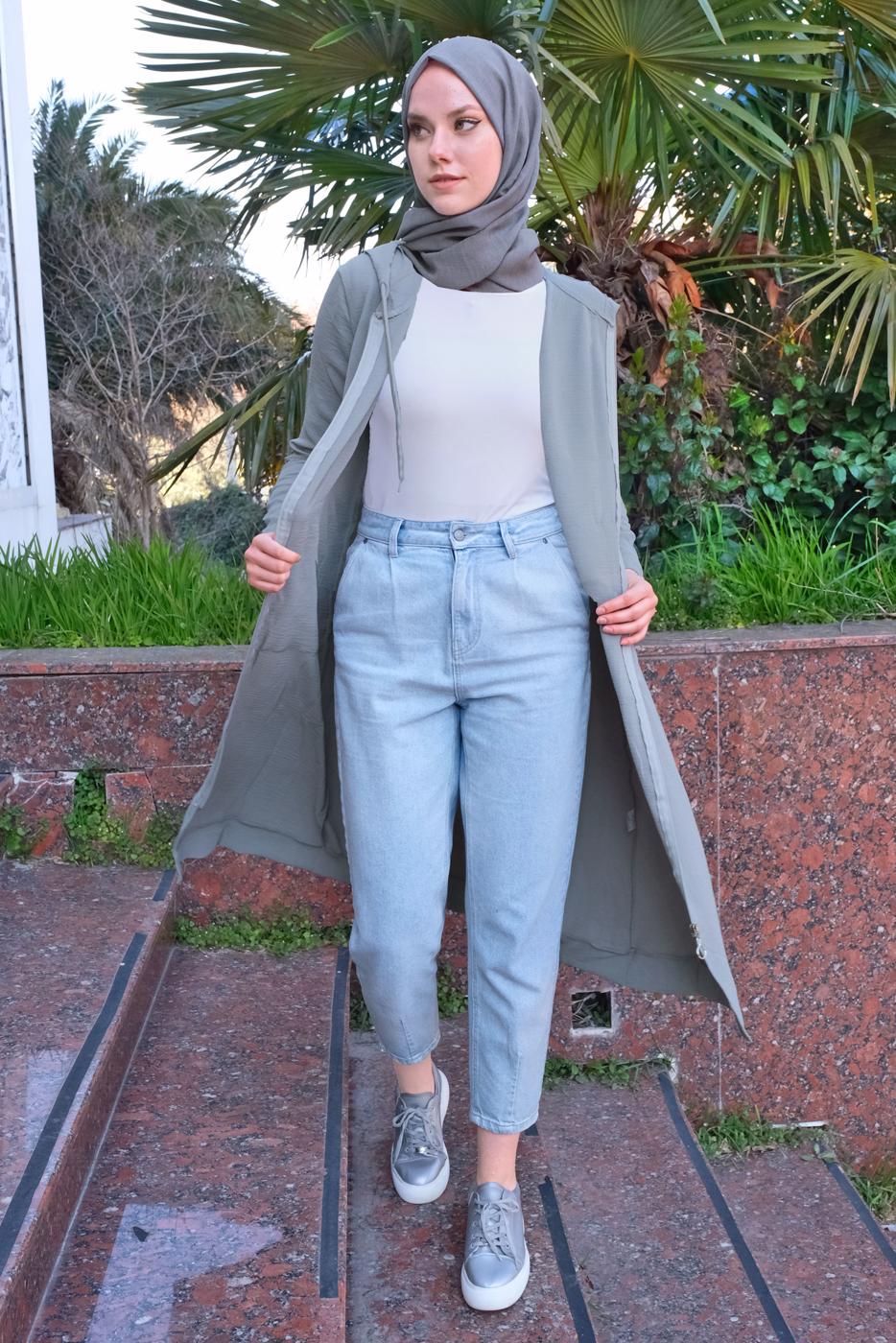 Tesettür giyim GRİ KAPÜŞONLU CEP DETAYLI UZUN TUNİK T 4060