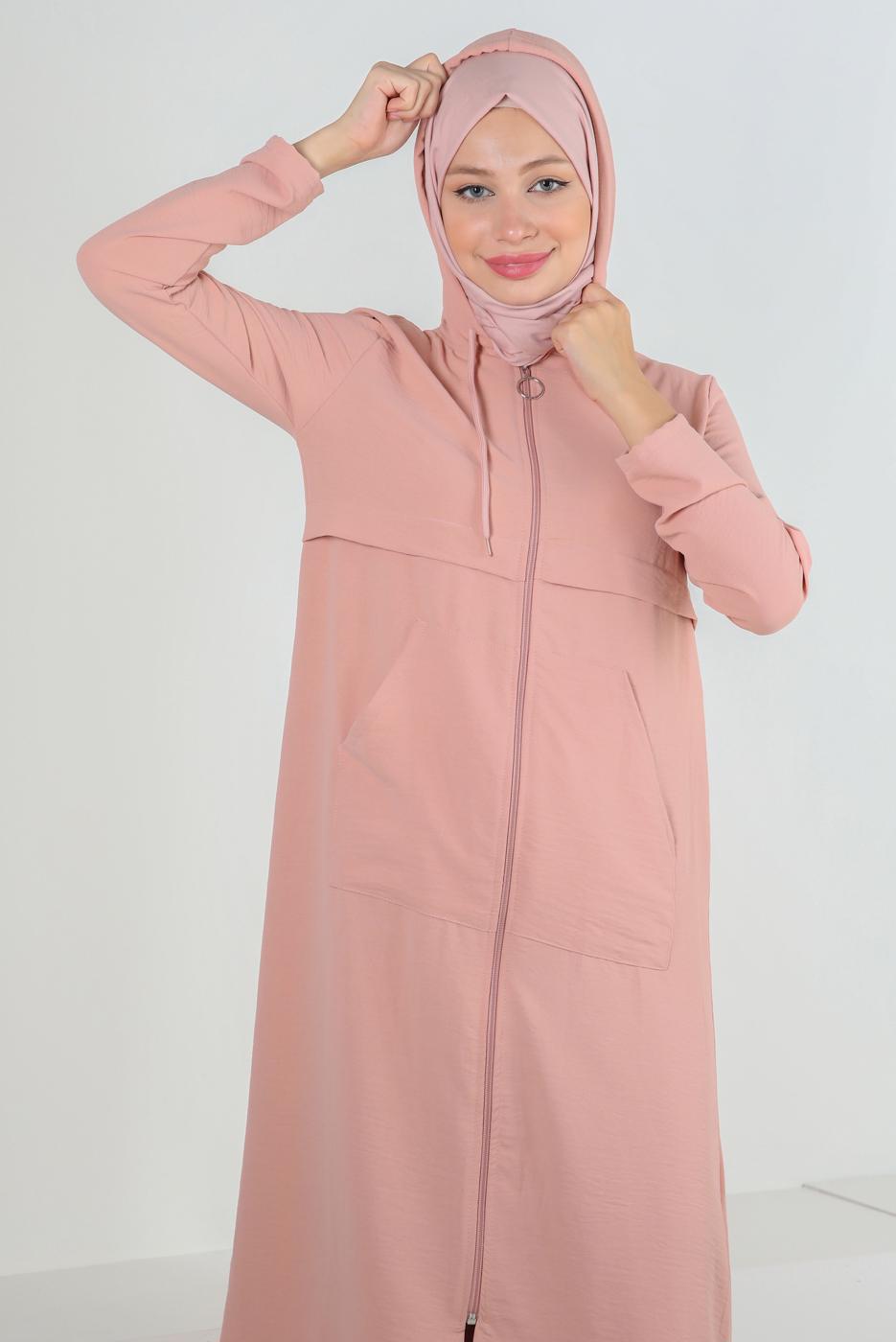 Tesettür giyim PUDRA KAPÜŞONLU CEP DETAYLI UZUN TUNİK T 4060