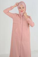 Tesettür giyim PUDRA KAPÜŞONLU CEP DETAYLI UZUN TUNİK T 4060
