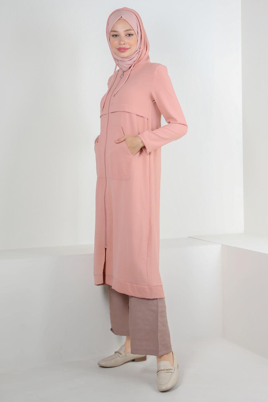 Tesettür giyim PUDRA KAPÜŞONLU CEP DETAYLI UZUN TUNİK T 4060