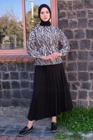 Tesettür giyim SİYAH ZEBRA DESENLİ PİLİSELİ İKİLİ ETEKLİ TAKIM T 4070