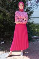 Tesettür giyim FUŞYA ZEBRA DESENLİ PİLİSELİ İKİLİ ETEKLİ TAKIM T 4070