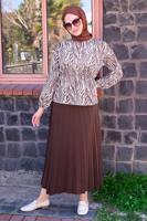 Tesettür giyim KAHVE ZEBRA DESENLİ PİLİSELİ İKİLİ ETEKLİ TAKIM T 4070