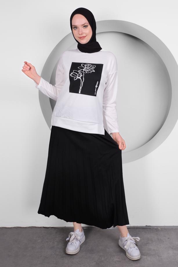 Hijab clothing BLACK PRINTED PLEATED 2-PIECE SKIRT SUIT T 50028 - TRENDTESETTÜR