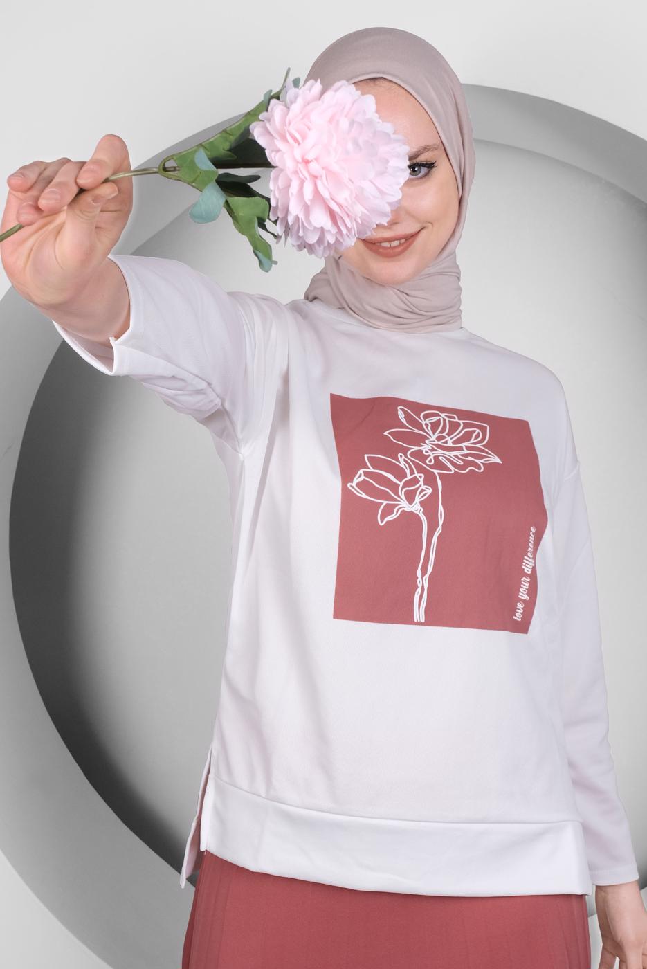 Tesettür giyim PEMBE BASKILI PİLİSELİ ETEKLİ TAKIM T 50028