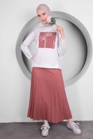 Tesettür giyim PEMBE BASKILI PİLİSELİ ETEKLİ TAKIM T 50028