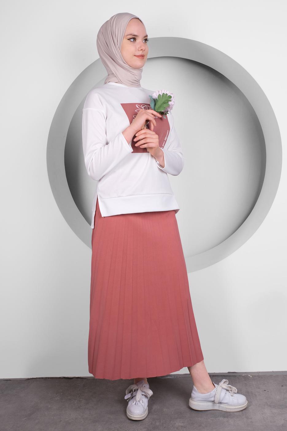 Tesettür giyim PEMBE BASKILI PİLİSELİ ETEKLİ TAKIM T 50028