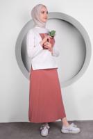 Tesettür giyim PEMBE BASKILI PİLİSELİ ETEKLİ TAKIM T 50028
