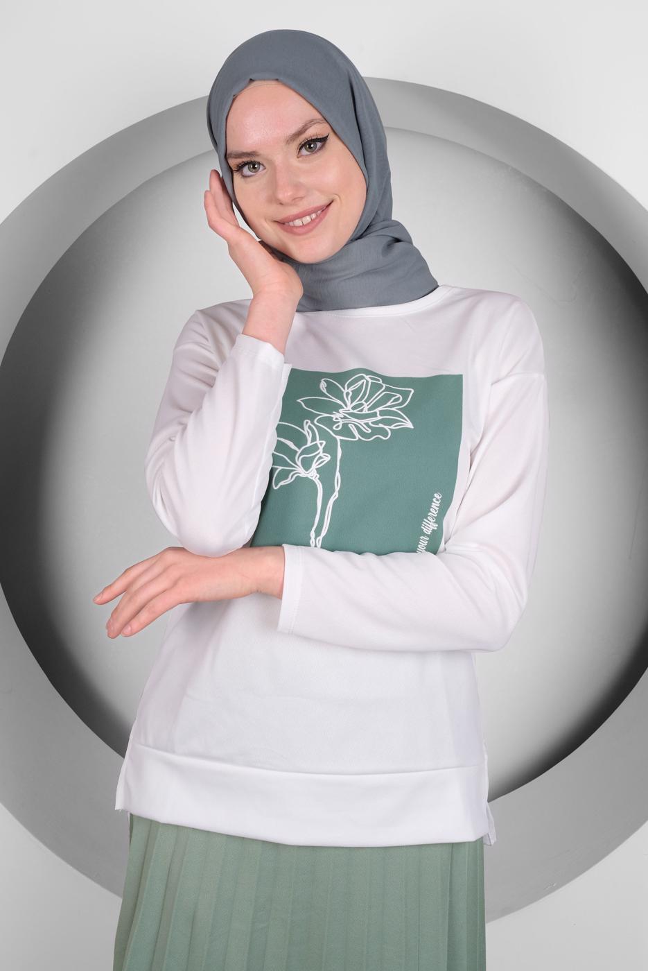 Tesettür giyim YEŞİL BASKILI PİLİSELİ ETEKLİ TAKIM T 50028