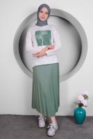 Tesettür giyim YEŞİL BASKILI PİLİSELİ ETEKLİ TAKIM T 50028