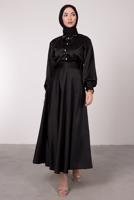 Tesettür giyim SİYAH BALON KOL DÜĞMELİ SATEN ETEKLİ TAKIM T 5395